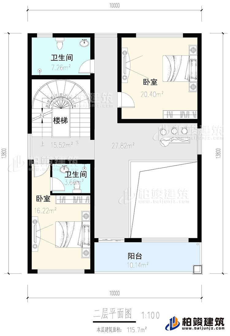 二層：2臥室，內(nèi)衛(wèi)，公衛(wèi)，樓梯，陽臺(tái)