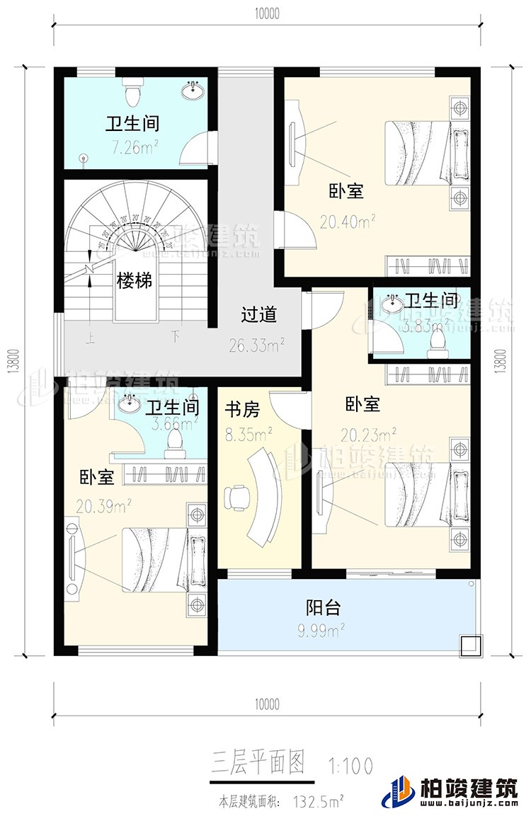 三層：3臥室，2內(nèi)衛(wèi)，公衛(wèi)，樓梯，書房，陽臺(tái)