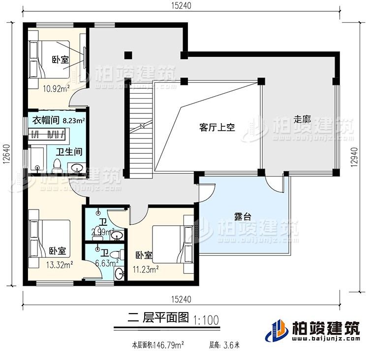 二層：3臥室，內(nèi)衛(wèi)，公衛(wèi)，起居室，樓梯，陽臺(tái)，露臺(tái)，書房