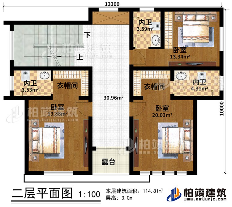 二層：3臥室、2衣帽間、3內(nèi)衛(wèi)、露臺