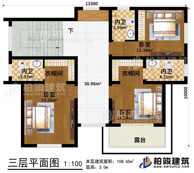 三層：3臥室、2衣帽間、3內(nèi)衛(wèi)、露臺