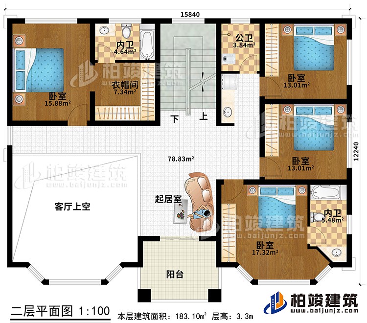 二層：4臥室、衣帽間、2內(nèi)衛(wèi)、公衛(wèi)、起居室、陽(yáng)臺(tái)、客廳上空