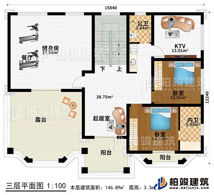 三層：健身房、起居室、2臥室、KTV、公衛(wèi)、內(nèi)衛(wèi)、露臺(tái)、2陽(yáng)臺(tái)