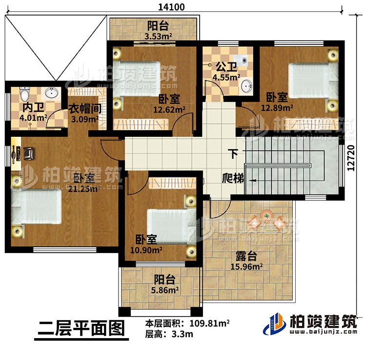 二層：4臥室，公衛(wèi)，內(nèi)衛(wèi)，2陽臺(tái)，露臺(tái)