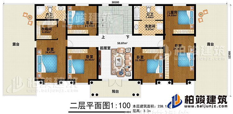 二層：5臥室、兒童房、公衛(wèi)、洗漱間、內衛(wèi)、起居室、2露臺、陽臺