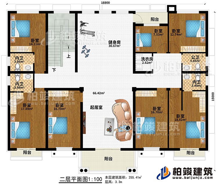 二層：7臥室、起居室、健身房、3內(nèi)衛(wèi)、公衛(wèi)、洗衣房、4陽臺