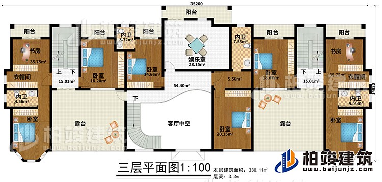 三層：6臥室、2衣帽間、2書房、4內(nèi)衛(wèi)、娛樂室、6陽臺、2露臺、客廳中空