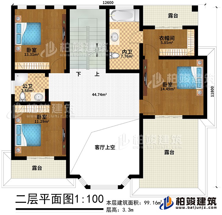 二層：3臥室，衣帽間、公衛(wèi)、內(nèi)衛(wèi)、3露臺(tái)、客廳上空