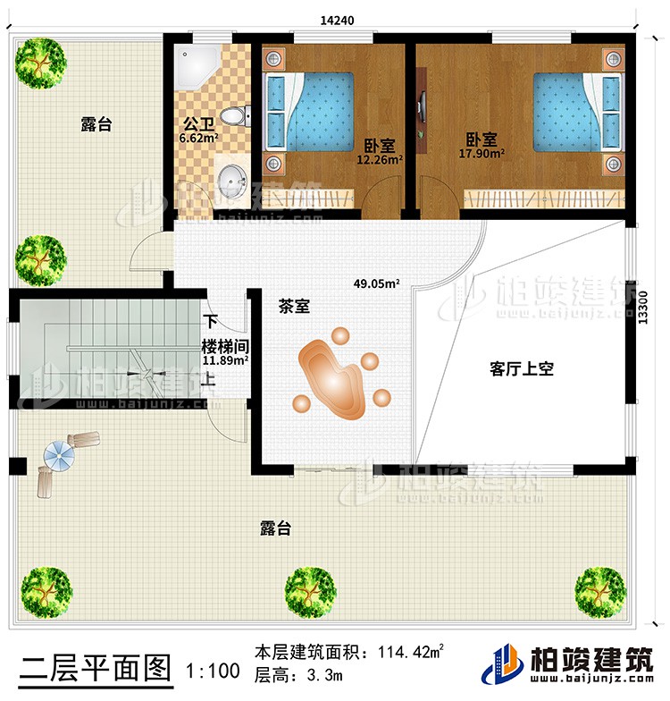 二層：客廳上空、茶室、樓梯間、2臥室、公衛(wèi)、2露臺