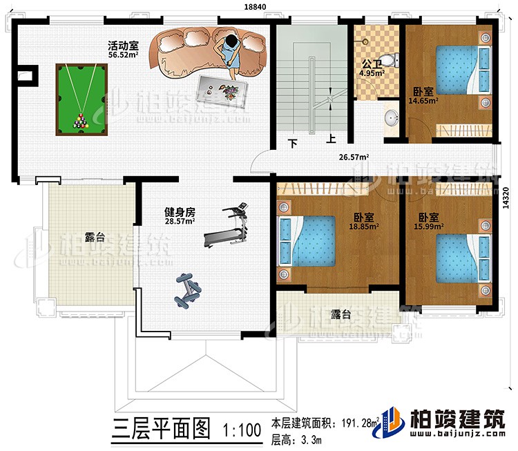 三層：健身房、活動(dòng)室、3臥室、公衛(wèi)、２露臺(tái)