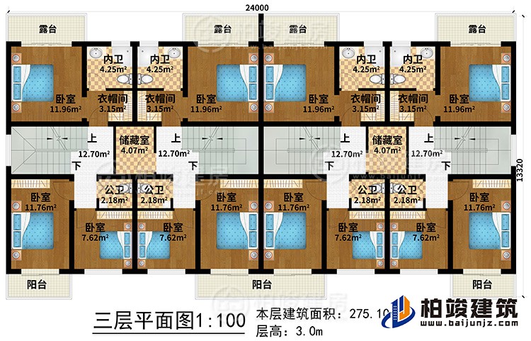 三層：12臥室、4公衛(wèi)、4內(nèi)衛(wèi)、2儲藏室、4衣帽間、3陽臺、4露臺