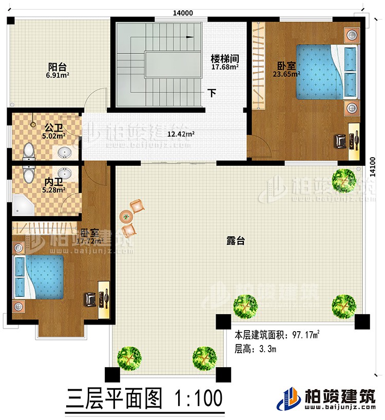 三層：2臥室、樓梯間、公衛(wèi)、內(nèi)衛(wèi)、陽(yáng)臺(tái)、露臺(tái)