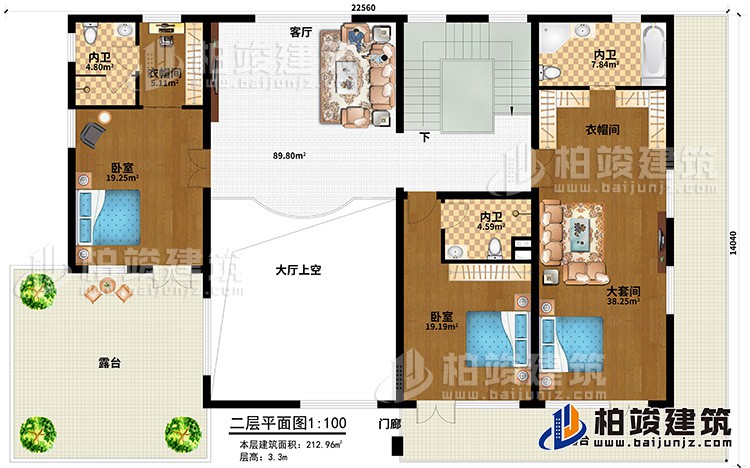 二層：客廳，大套間帶內(nèi)衛(wèi)和衣帽間，單間帶內(nèi)衛(wèi)，中套間帶內(nèi)衛(wèi)和衣帽間，2露臺，樓梯