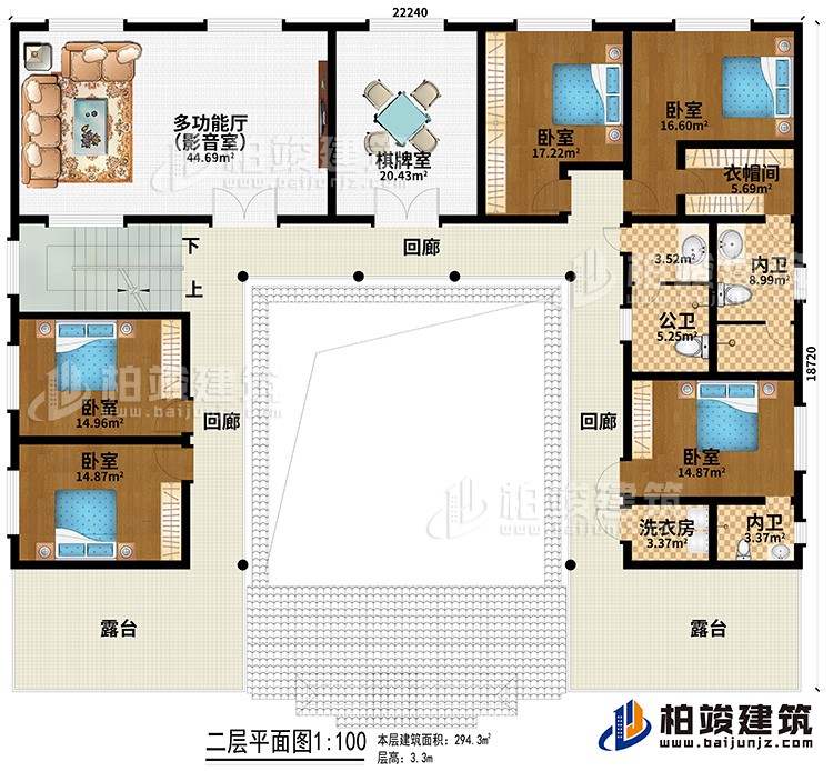 二層：多功能廳（影音室）、棋牌室、5臥室、衣帽間、公衛(wèi)、2內(nèi)衛(wèi)、洗衣房、3回廊、2露臺