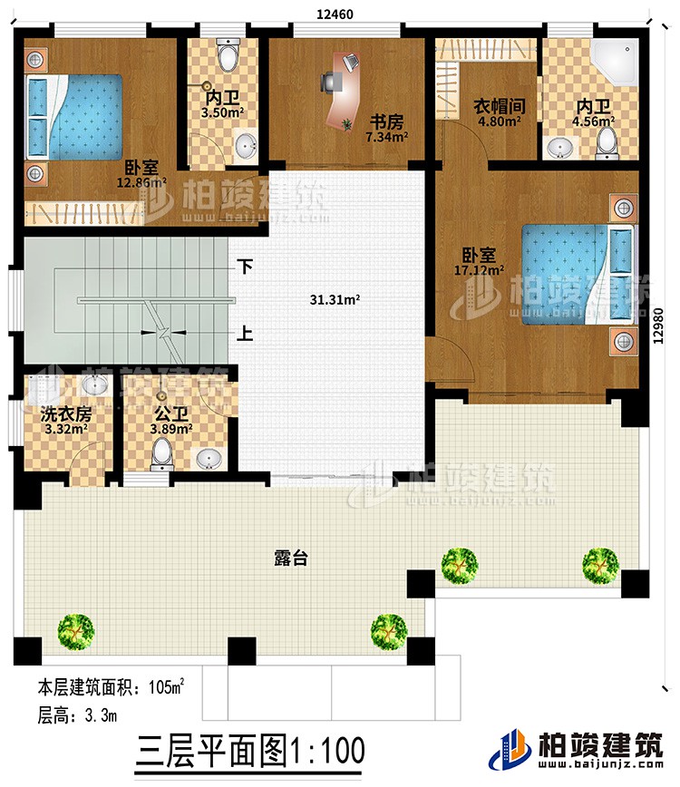 三層：2臥室、衣帽間、書房、2內(nèi)衛(wèi)、公衛(wèi)、洗衣房、露臺(tái)