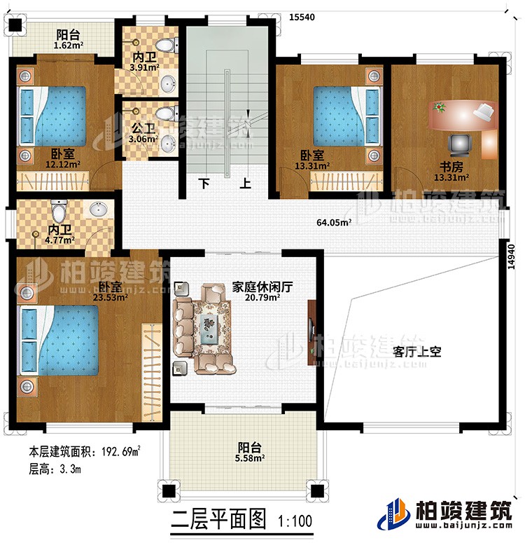 二層：客廳上空、2陽臺、3臥室、書房、2內(nèi)衛(wèi)、公衛(wèi)、家庭休閑廳