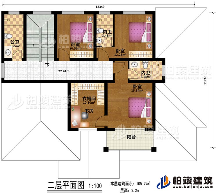 二層：3臥室，3衛(wèi)，客廳，陽(yáng)臺(tái)，衣帽間/書房