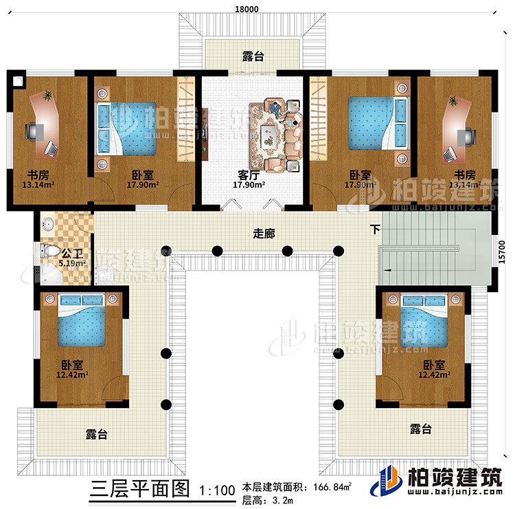 三層：走廊、3臥室、2書房、客廳、3露臺(tái)、公衛(wèi)