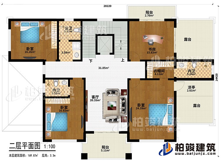 二層：3臥室、衣帽間、2內(nèi)衛(wèi)、公衛(wèi)、客廳、書房、衣帽間、2陽臺、2露臺、涼亭