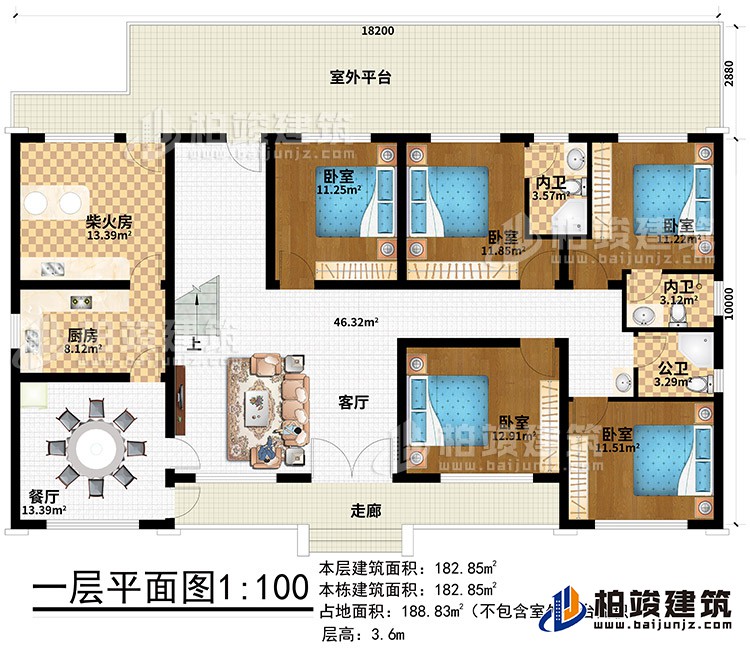 一層：走廊、客廳、餐廳、廚房、柴火房、室外平臺(tái)、5臥室、2內(nèi)衛(wèi)、公衛(wèi)