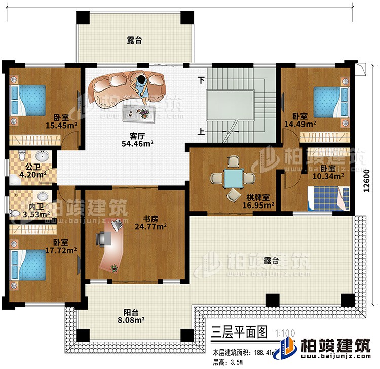 三層：客廳、4臥室、書房、棋牌室、內(nèi)衛(wèi)、公衛(wèi)、陽臺(tái)、2露臺(tái)