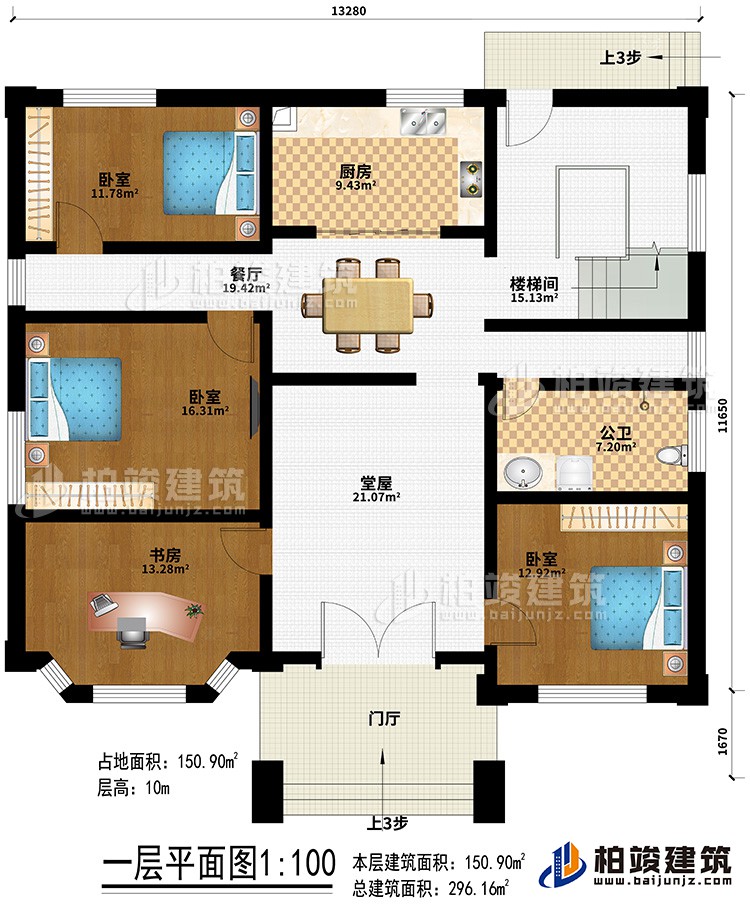 一層：門廳、堂屋、餐廳、廚房、樓梯間、3臥室、書房、公衛(wèi)