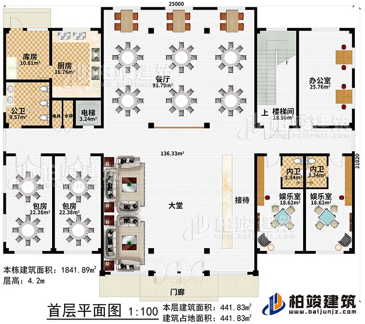 一層：門(mén)廊、大堂、接待、2娛樂(lè)室、2內(nèi)衛(wèi)、辦公室、樓梯間、餐廳、電梯、電井、水井、廚房、庫(kù)房、公衛(wèi)、2包房