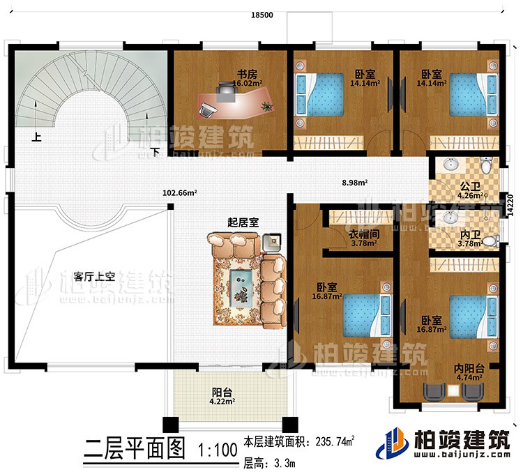 二層：4臥室、起居室、書房、客廳上空、衣帽間、內(nèi)陽臺、陽臺、公衛(wèi)、內(nèi)衛(wèi)