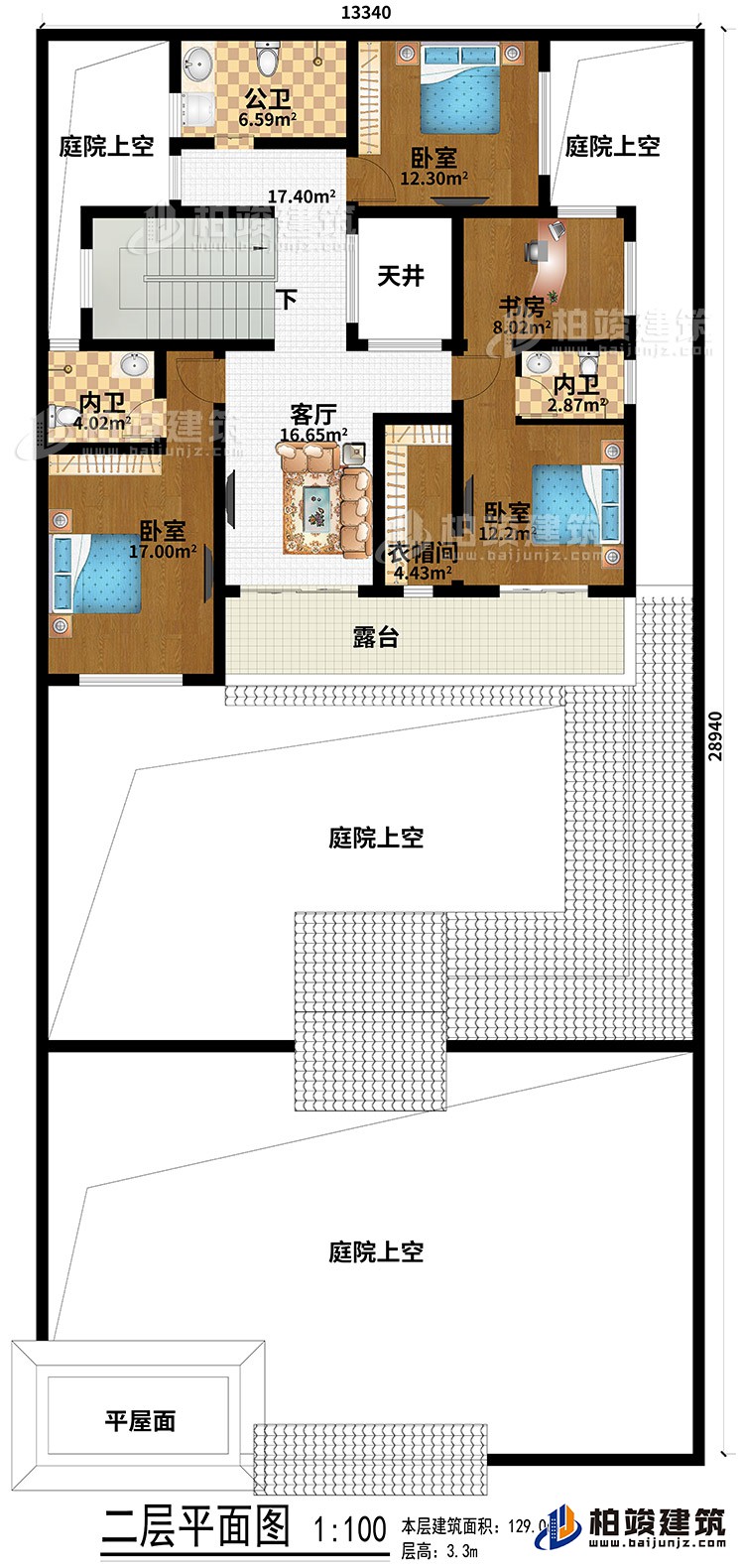 二層：平屋面、4庭院上空、3臥室、客廳、天井、衣帽間、書房、公衛(wèi)、2內(nèi)衛(wèi)