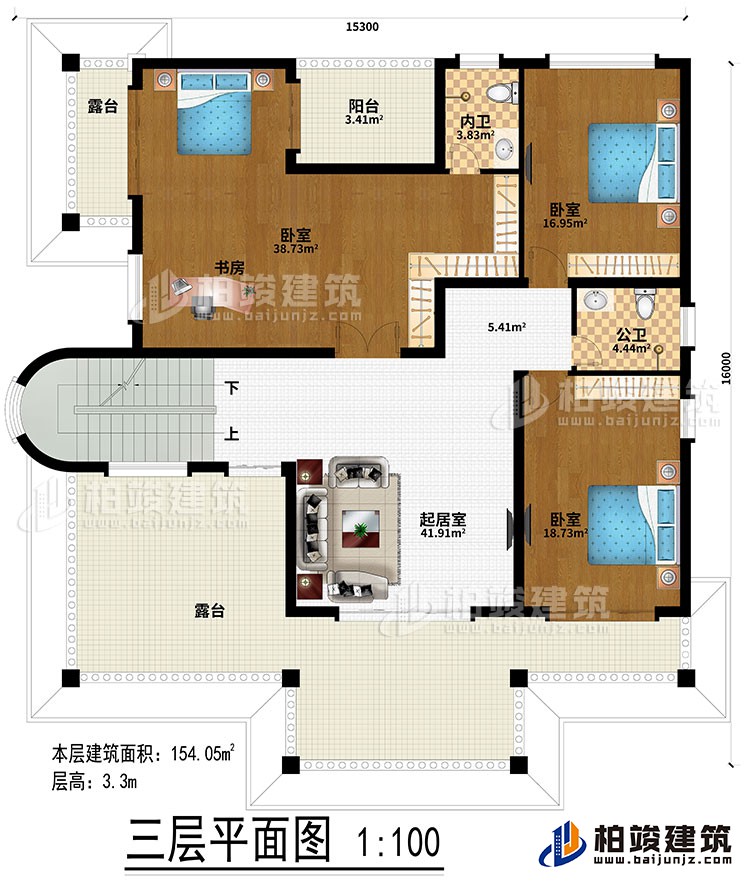 三層：起居室、3臥室、書房、公衛(wèi)、內(nèi)衛(wèi)、陽臺(tái)、2露臺(tái)