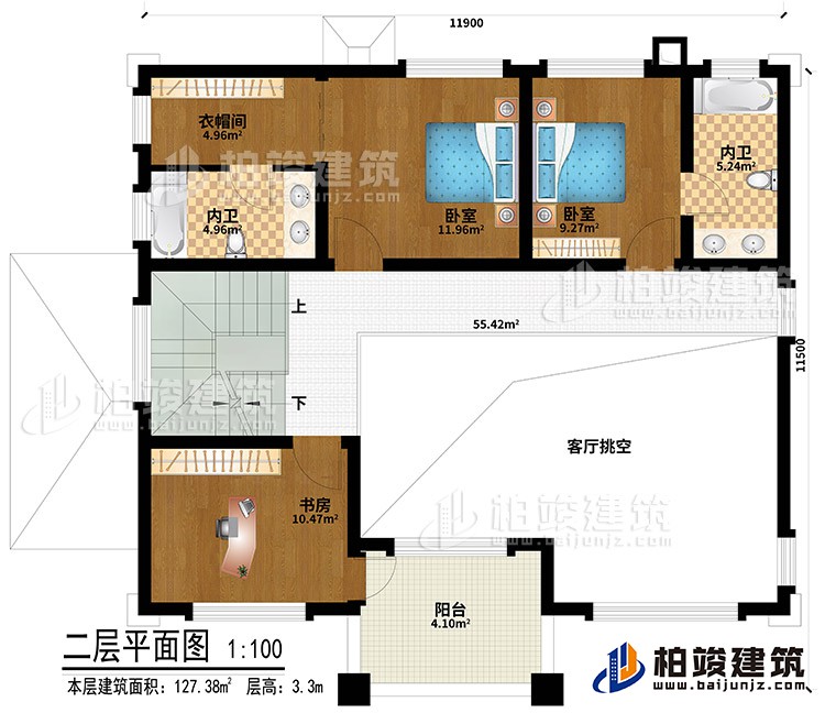 二層：客廳挑空、2臥室、衣帽間、書房、2內(nèi)衛(wèi)、陽臺