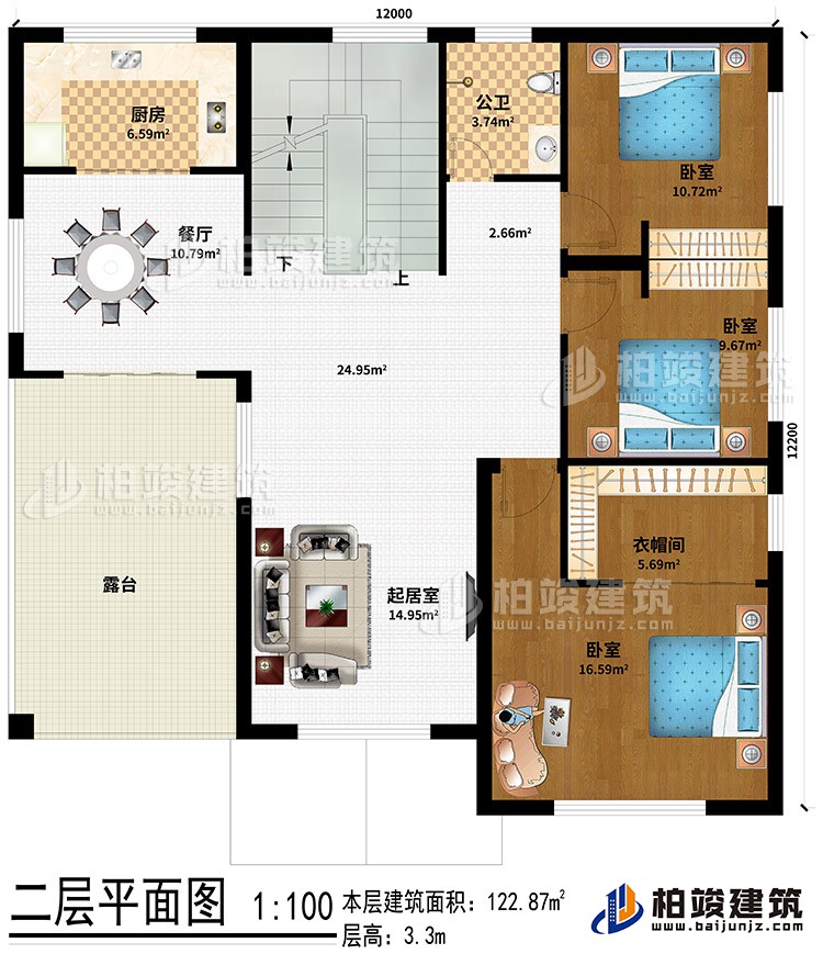 二層：起居室、餐廳、廚房、公衛(wèi)、3臥室、衣帽間、露臺