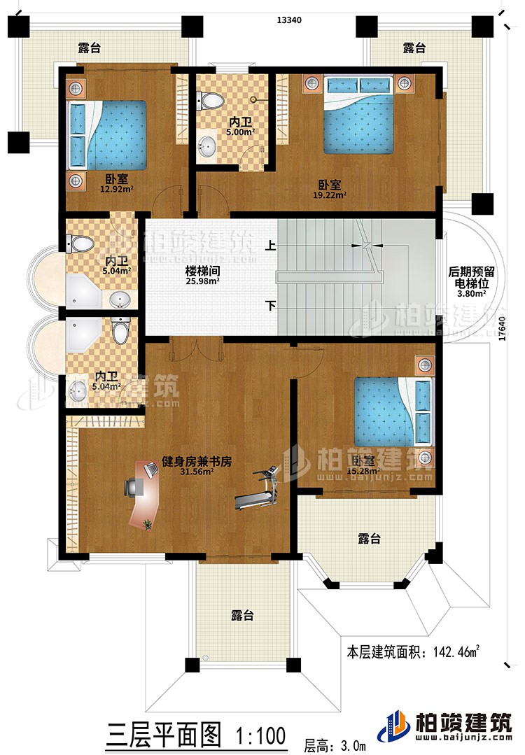 三層：樓梯間、健身房兼書房、3臥室、3內(nèi)衛(wèi)、后期預(yù)留電梯位、4露臺(tái)