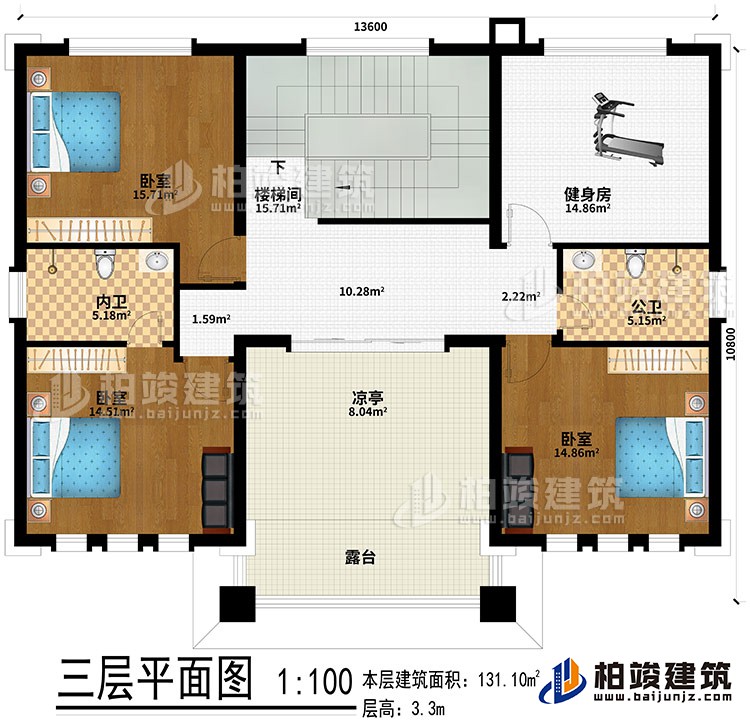 三層：樓梯間、健身房、3臥室、公衛(wèi)、內(nèi)衛(wèi)、涼亭、露臺