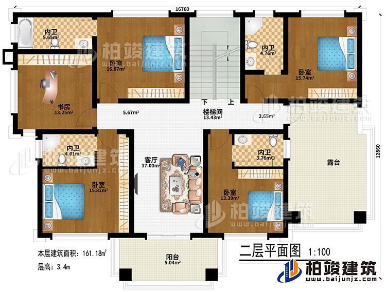 二層：客廳、樓梯間、4臥室、4內(nèi)衛(wèi)、書房、陽臺(tái)、露臺(tái)