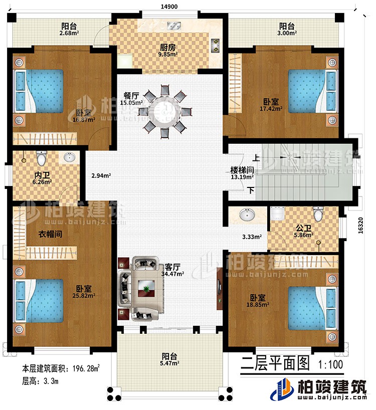 二層：客廳、樓梯間、餐廳、廚房、4臥室、衣帽間、公衛(wèi)、內(nèi)衛(wèi)、3陽臺