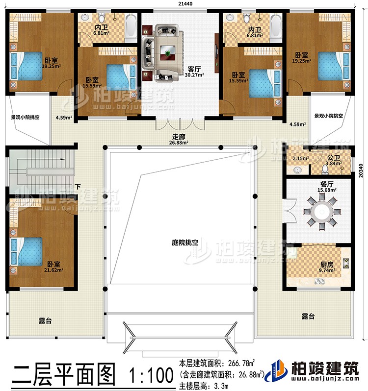 二層：客廳、餐廳、廚房、5臥室、2內(nèi)衛(wèi)、公衛(wèi)、2露臺、庭院挑空、2景觀小院挑空