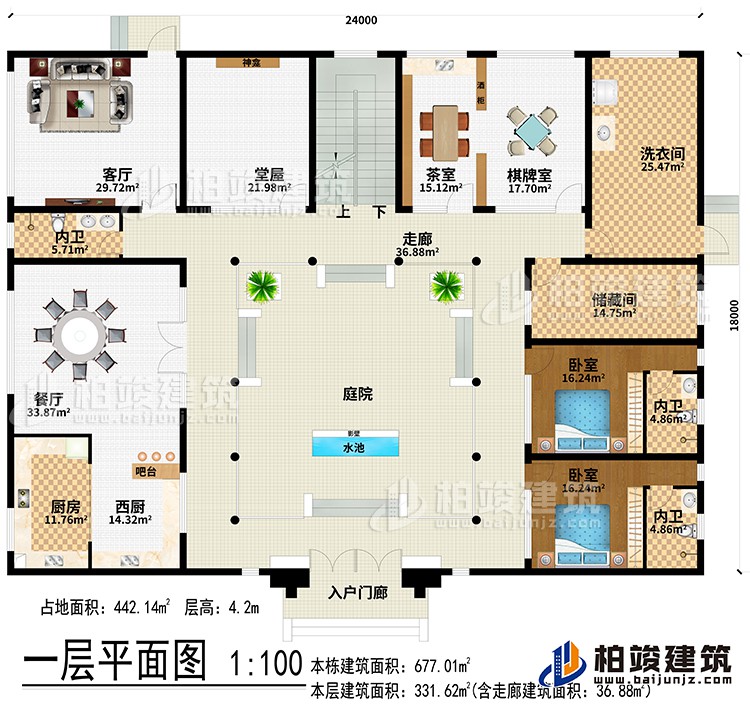 一層：入戶門廊、水池、影壁、庭院、走廊、西廚、廚房、餐廳、吧臺、客廳、堂屋、神龕、茶室、棋牌室、洗衣間、儲藏間、2臥室、3內衛(wèi)