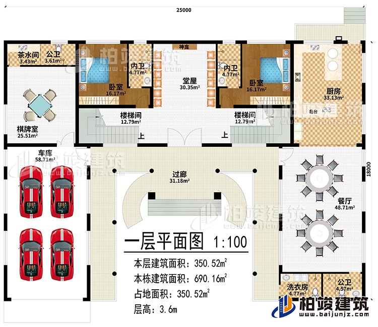 一層：過廊、堂屋、神龕、2樓梯間、廚房、餐廳、棋牌室、車庫、茶水間、2公衛(wèi)、洗衣房、2臥室、2內衛(wèi)