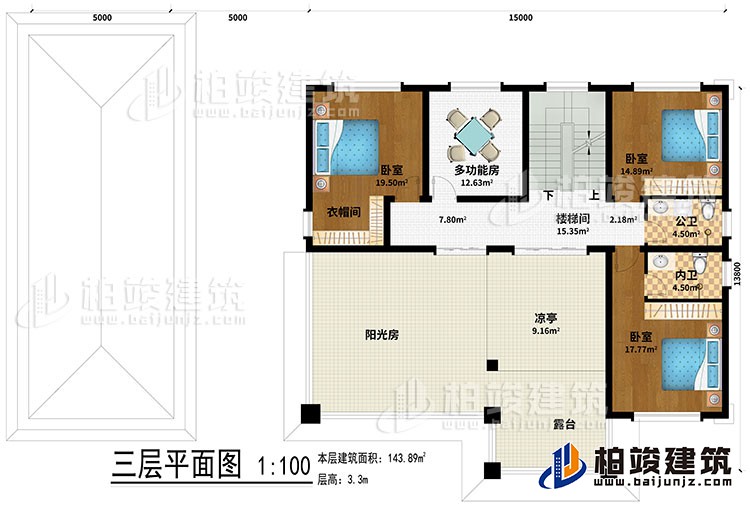 三層：樓梯間、3臥室、多功能房、衣帽間、公衛(wèi)、內(nèi)衛(wèi)、涼亭、陽(yáng)光房、露臺(tái)