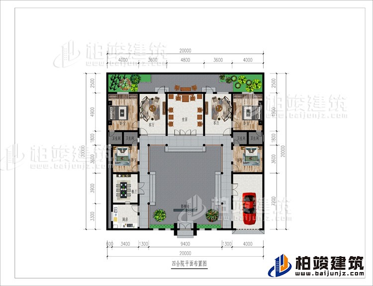 一層：影壁墻、車庫(kù)、廚房、餐廳、4臥室、4內(nèi)衛(wèi)、2客廳、堂屋、后花園