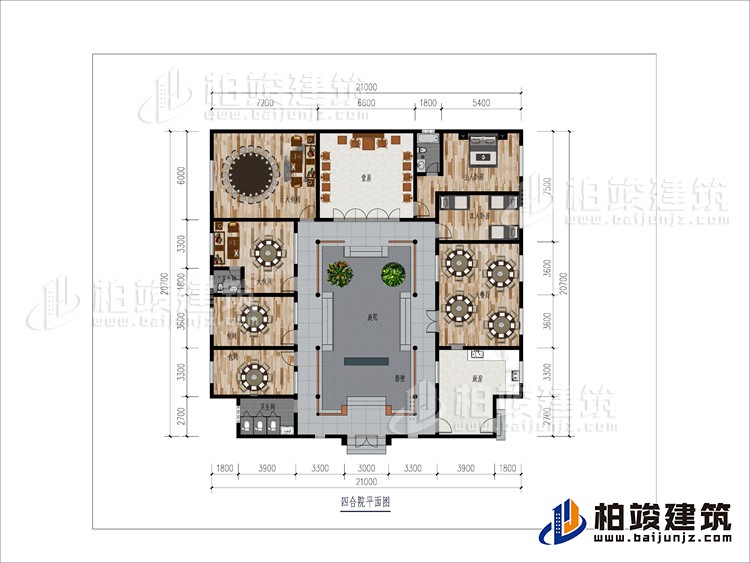 一層：大餐廳、2包間、2大餐廳、2內(nèi)衛(wèi)、堂屋、臥室、工人臥室、公衛(wèi)、庭院、影壁墻