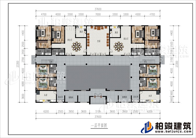 一層：2儲物間、2洗衣間、2灶房、8臥室、2衣帽間、2公衛(wèi)、6內(nèi)衛(wèi)、2廚房、2宴會廳、堂屋