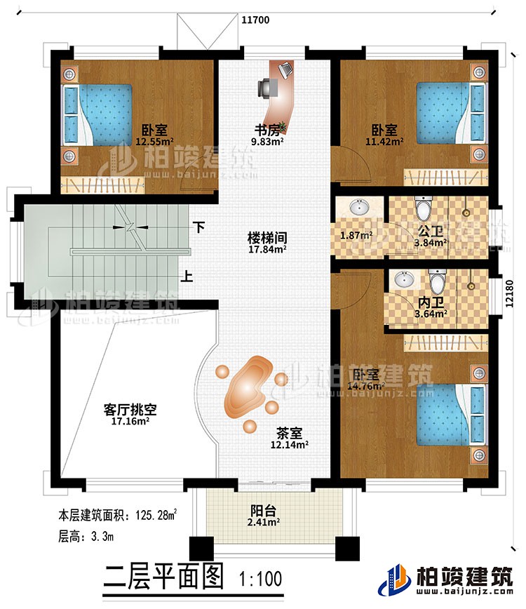 二層：樓梯間、書房、茶室、客廳挑空、3臥室、公衛(wèi)、內(nèi)衛(wèi)、陽(yáng)臺(tái)