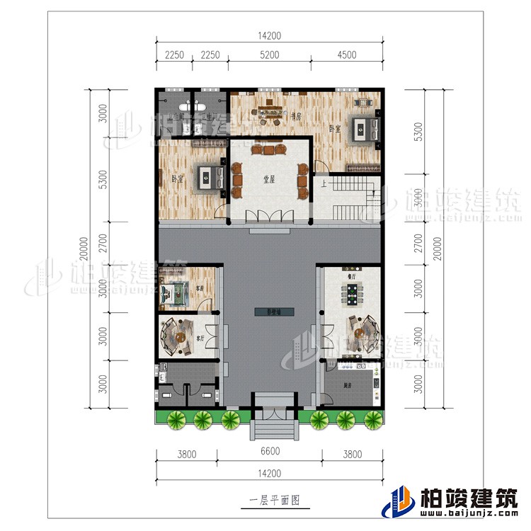 一層：廚房、2客廳、餐廳、公衛(wèi)、3臥室、影壁墻、堂屋、書房、2內(nèi)衛(wèi)