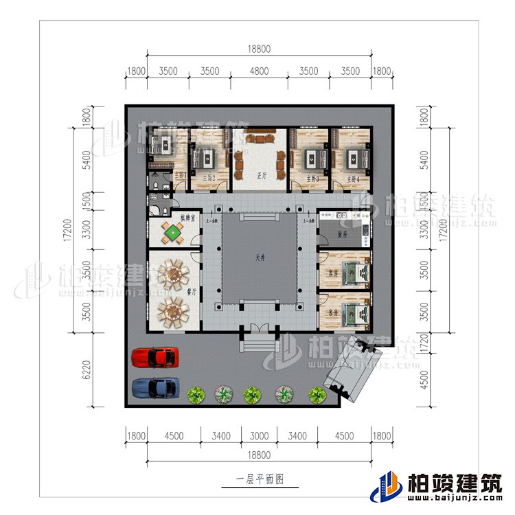 一層：車庫、餐廳、棋牌室、廚房、正廳、6臥室、公衛(wèi)、內(nèi)衛(wèi)