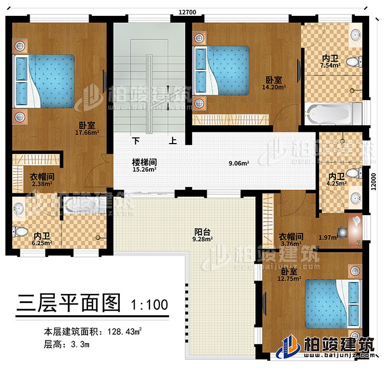 三層：樓梯間、3臥室、2衣帽間、3內衛(wèi)、陽臺