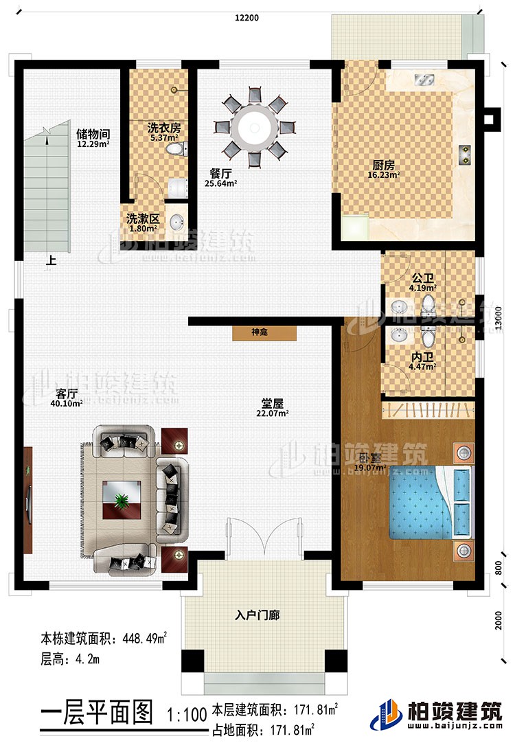 一層：入戶門廊、堂屋、神龕、客廳、餐廳、廚房、臥室、公衛(wèi)、內(nèi)衛(wèi)、洗漱區(qū)、洗衣房、儲物間