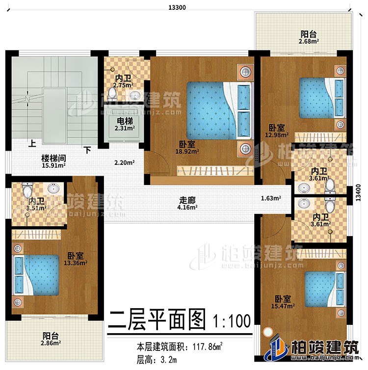 二層：走廊、4臥室、4內(nèi)衛(wèi)、2陽臺、樓梯間、電梯