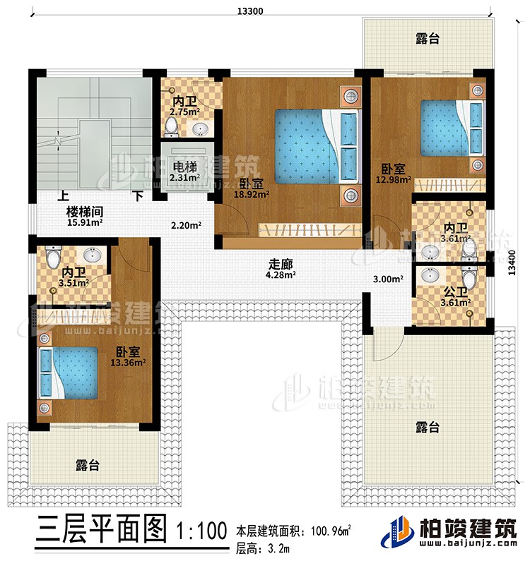 三層：走廊、3臥室、3內(nèi)衛(wèi)、3露臺、樓梯間、電梯、公衛(wèi)